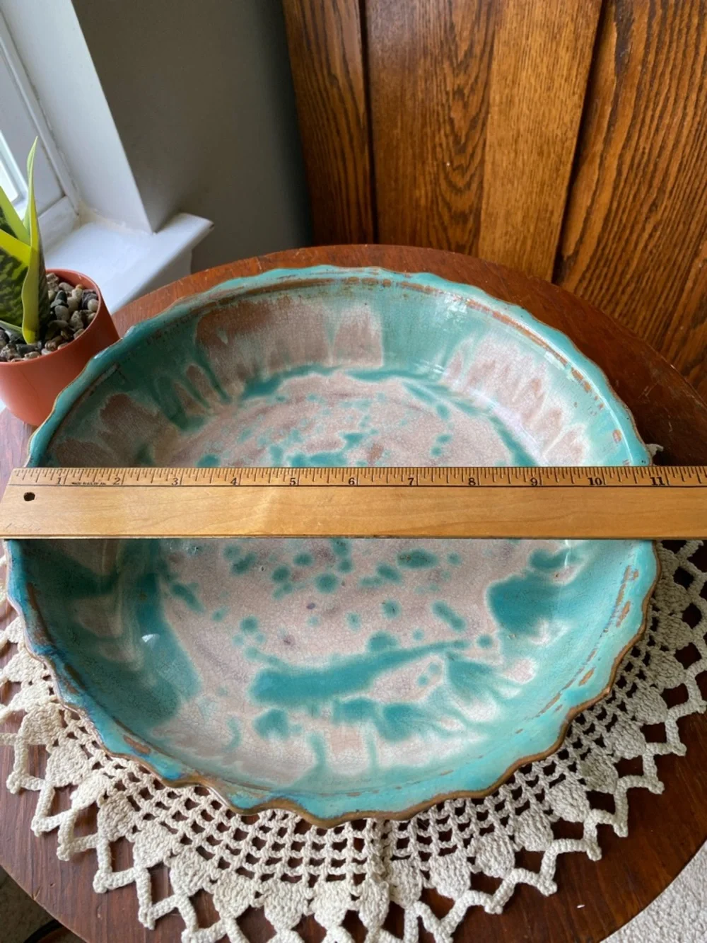 Browns Pottery Handmade Ceramic Pie Dish - Turquoise and Cream Glaze EUC
